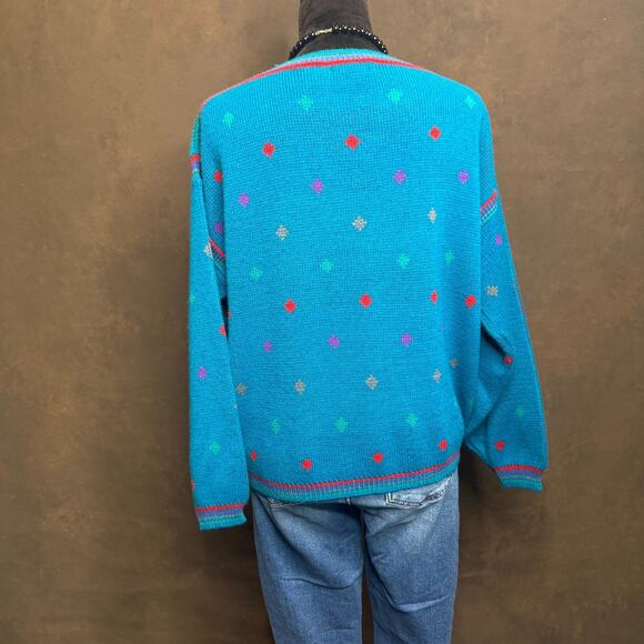 Vintage Jason Maxwell Sweater 80s Geometric Knit Turquoise Pullover Korea XL - Picture 3 of 9